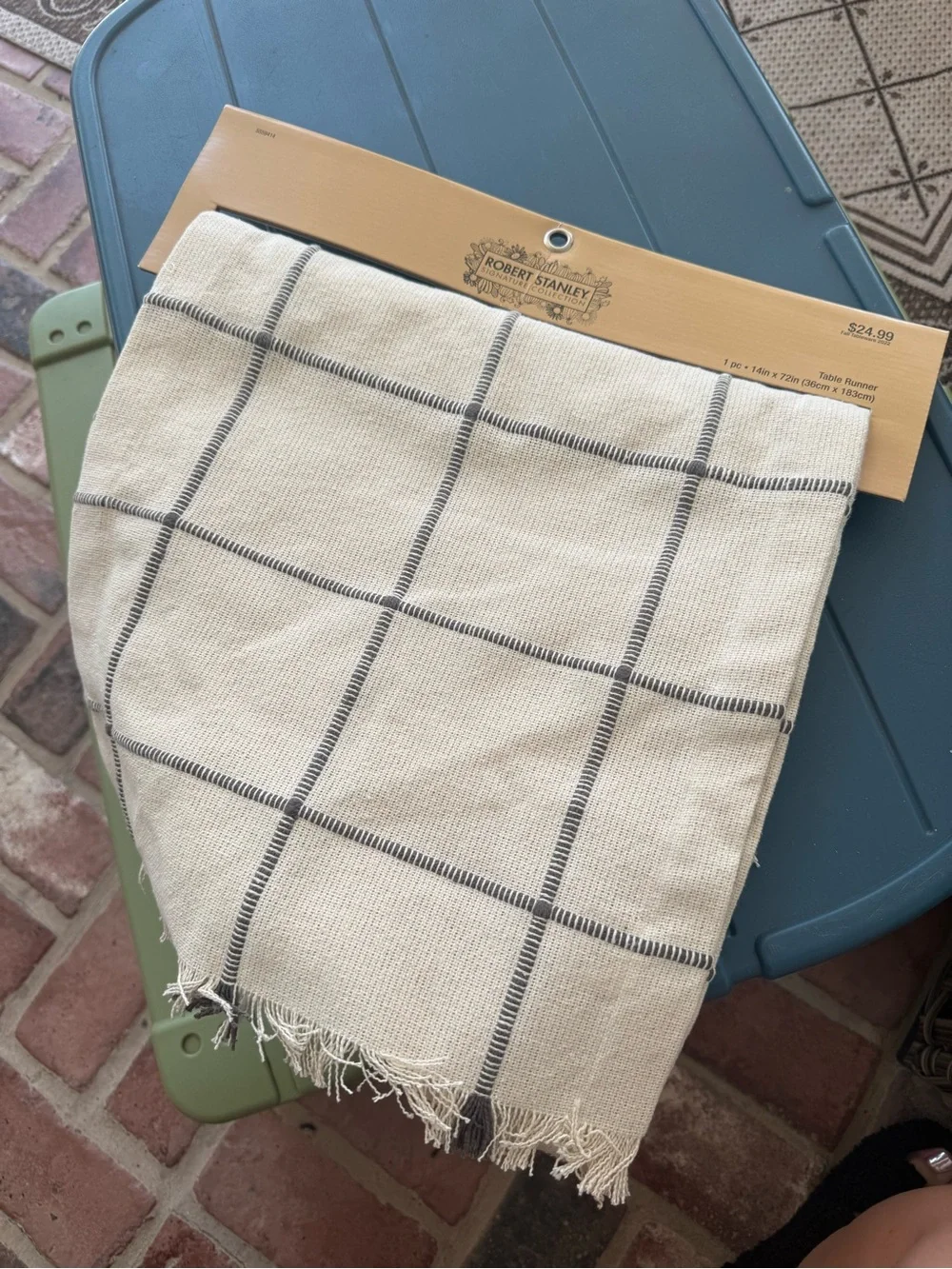 Robert Stanley Cream & Gray Plaid Table Runner 14x72